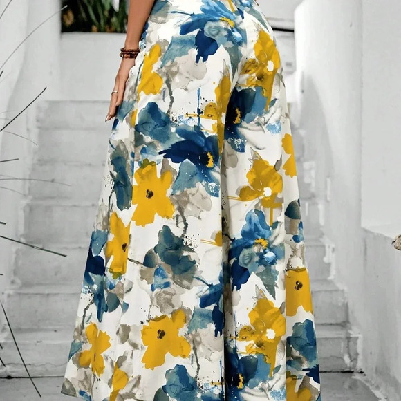 White Boho Women's Floral Print Super Wide-Leg Pants - Picture 2 of 5